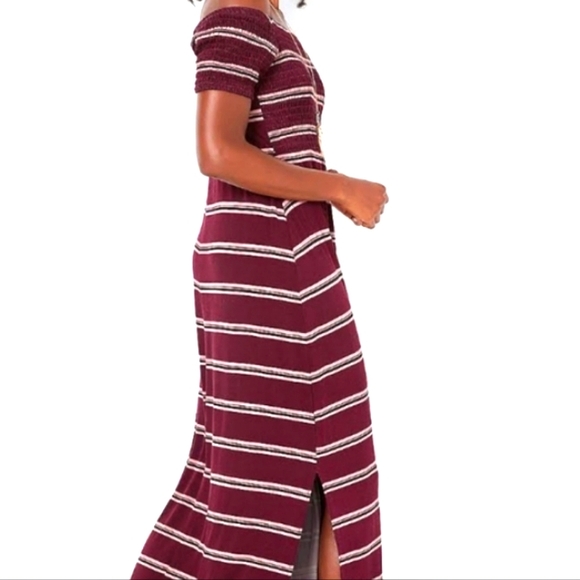 Maurice's Maroon Striped Smocked Off-Shoulder Maxi Dress - Picture 3 of 11